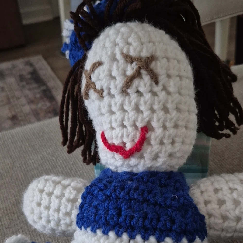 Vintage Handcrafted Crochet Doll in Blue and White